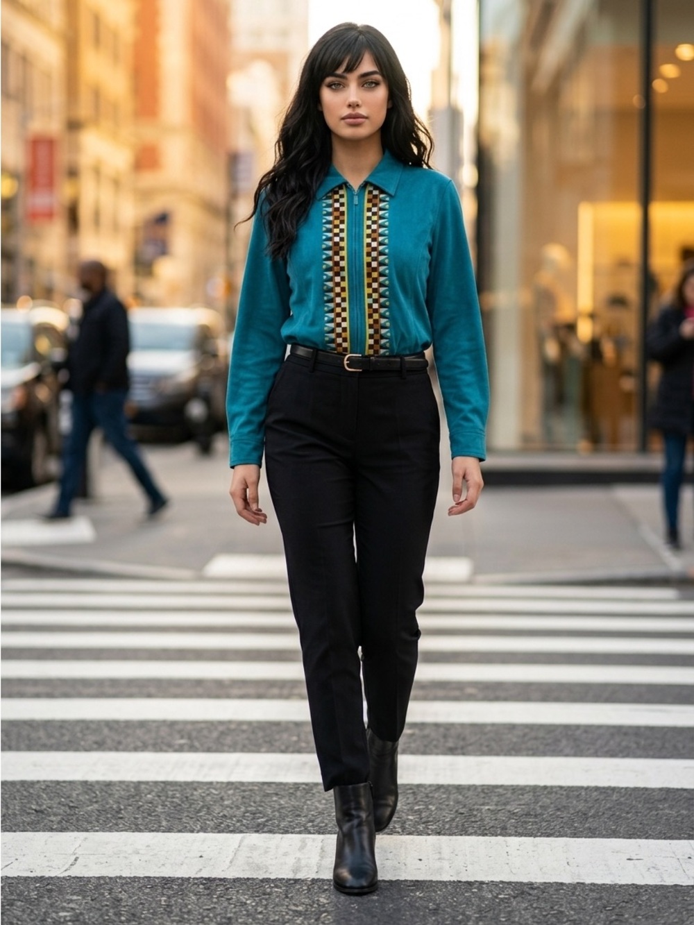 Bob Mackie Teal Zip-Front Jacket with Multicolor Geometric Trim